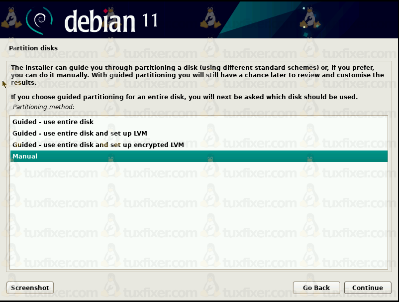 Debian 11 manual disk partitioning