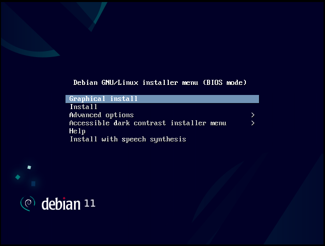 Debian 11 Bullseye installer menu
