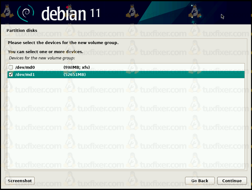 Debian 11 Bullseye select PV for VG