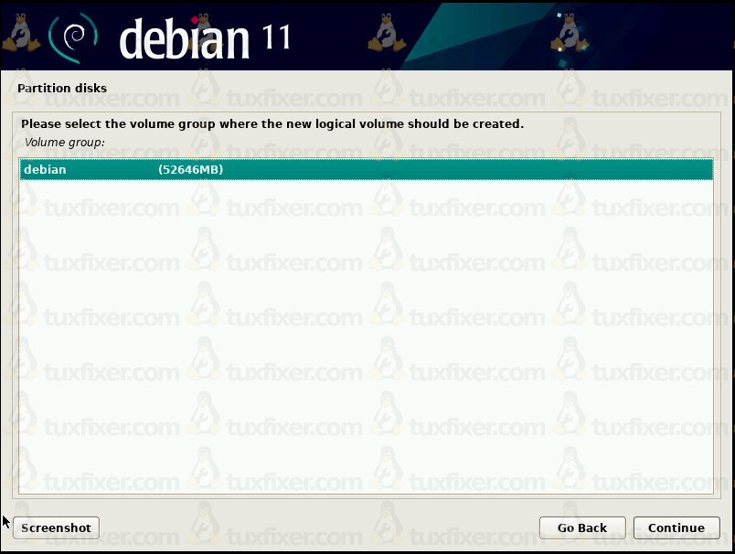 Debian 11 Bullseye choose a volume group