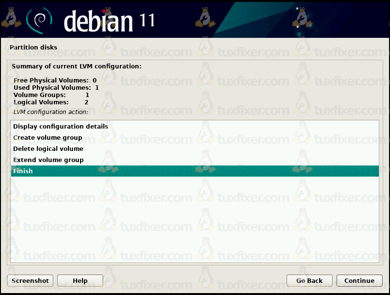 Debian 11 Bullseye finish LVM configuration