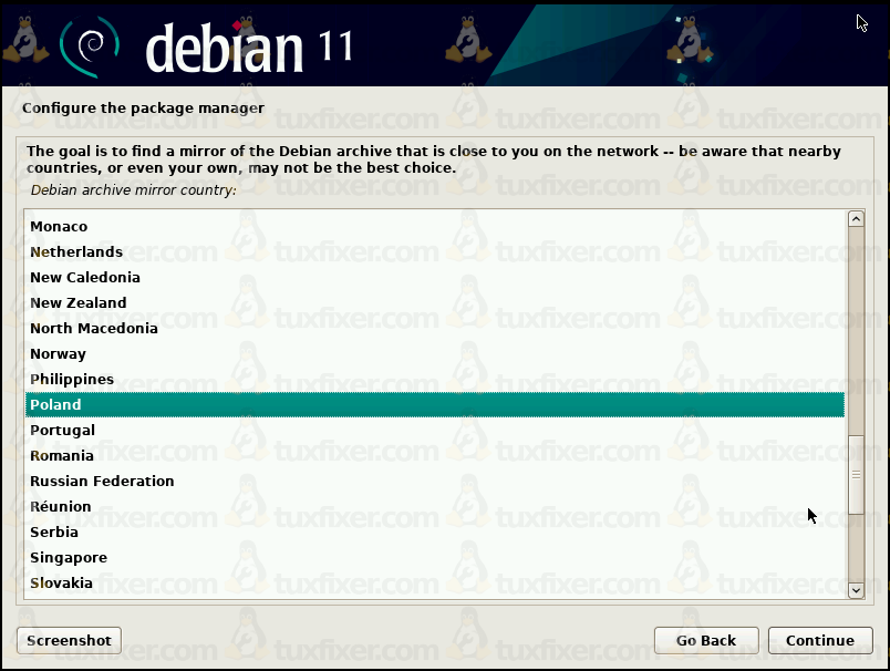 Debian 11 Bullseye select network mirror country