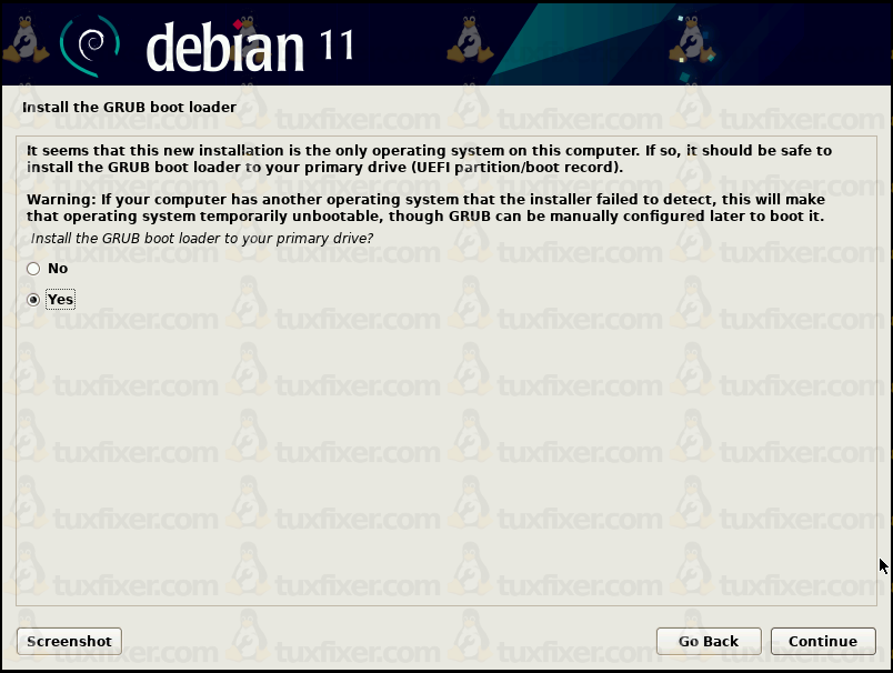 Debian 11 Bullseye install GRUB to primary drive