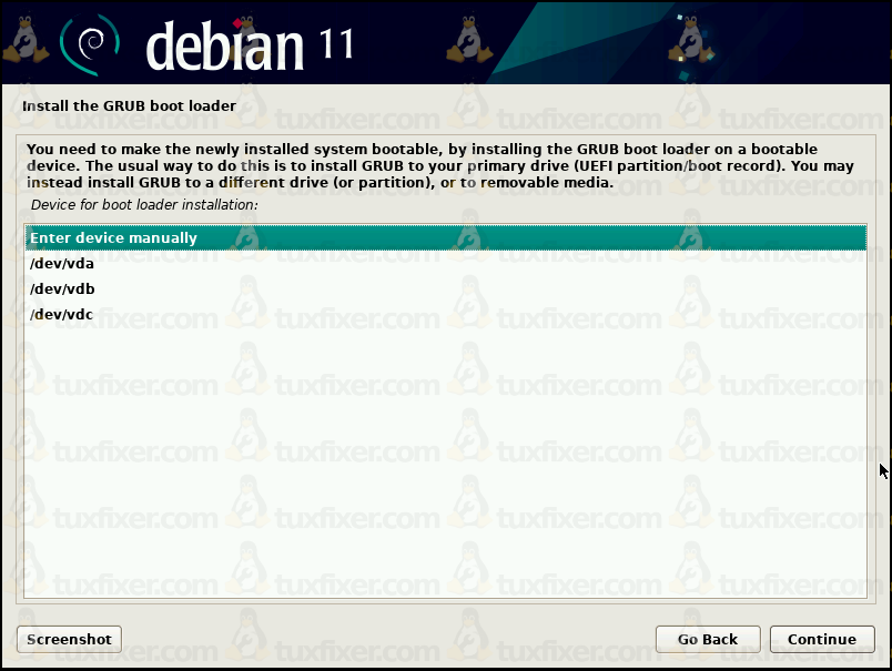 Debian 11 Bullseye select device manually